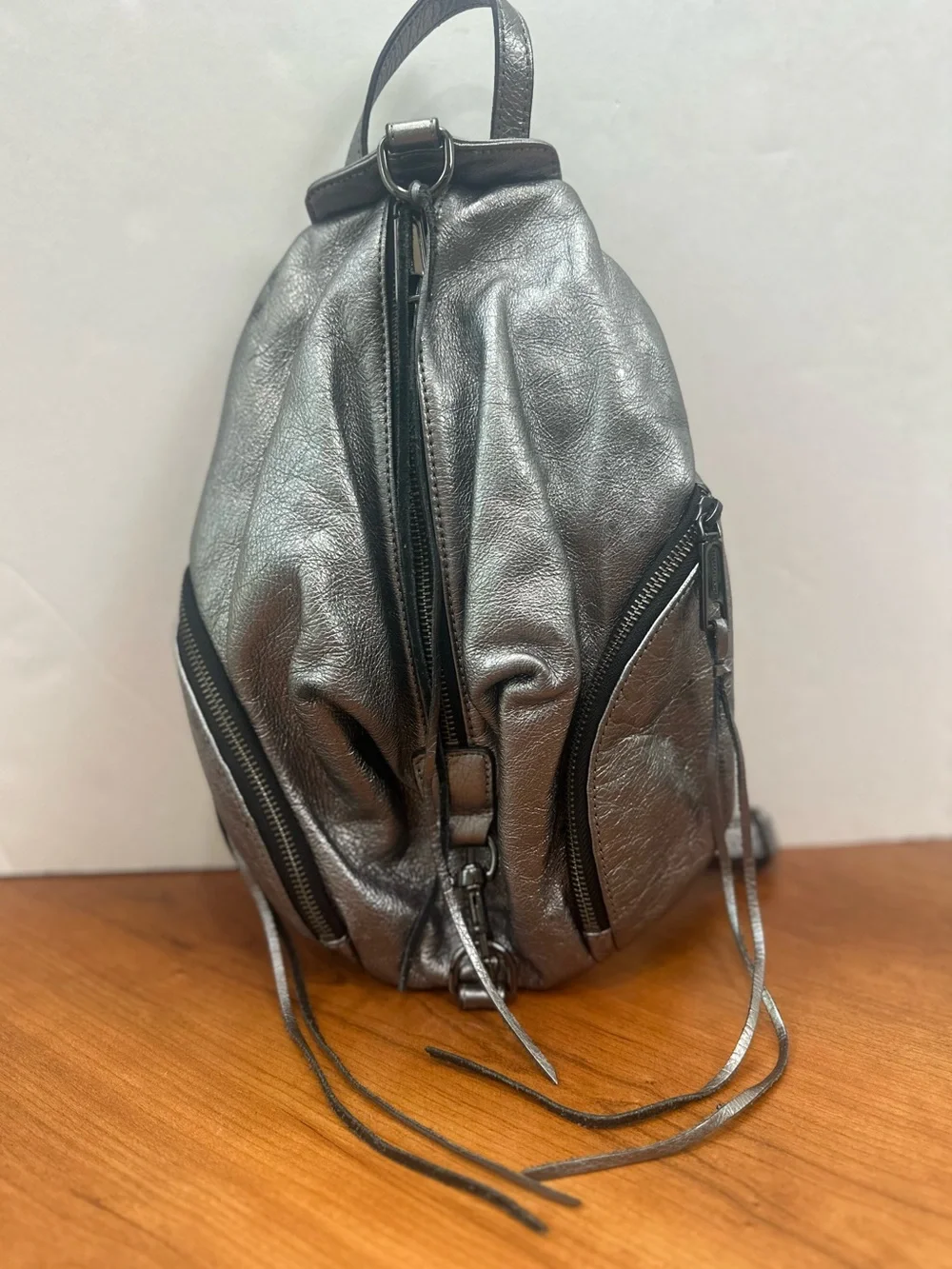 Rebecca Minkoff Mini Julian Silver Metallic Leather Backpack Sling Bag